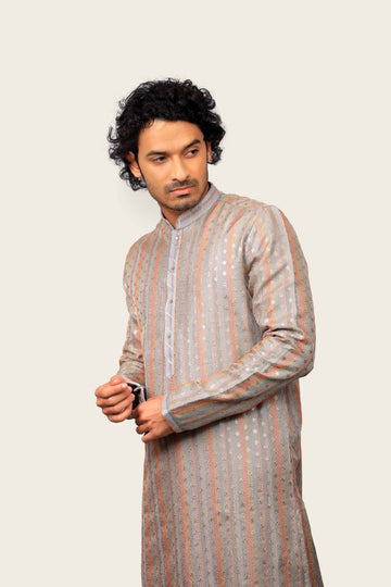 Silk Kurta Set With Machine Work Embroidery Gray Color