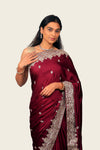 Wine Satin Silk Heavy Hand Work Border & Butti Saree