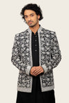 Silk Black Indowestern With Mirror & Thread Work Jacket Black Color