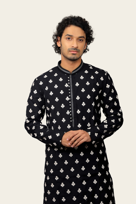 Silk Black Kurta Set With Thread Work
