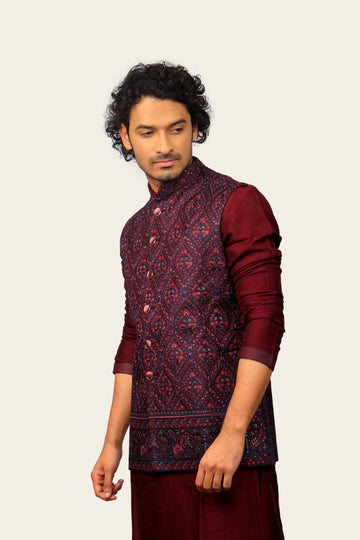 Silk Koti Kurta Set With Resham Work Wine Color