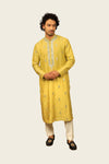 Silk Kurta Set With Mirror Work Neck Line & Butti Neon Green Colored