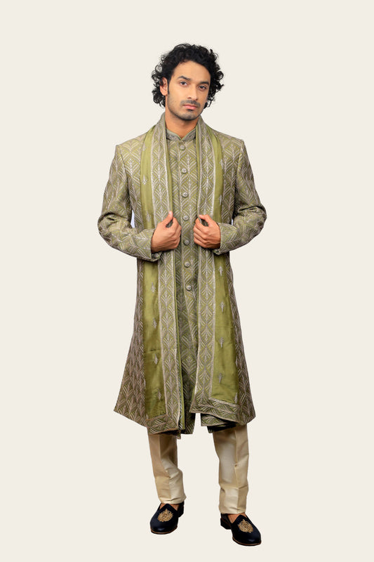 Silk Sherwani With Aari Machine Work Pista Green Color