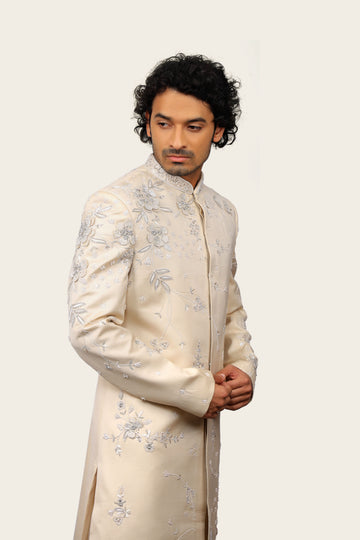 Satin Silk Indowestern Cream With Hand Work