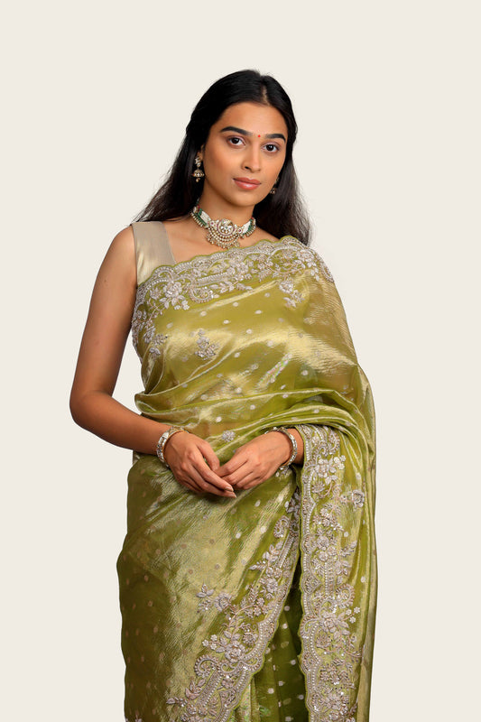 Crush Tissue Butti with Cutwork Handwork Border Saree