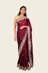 Wine Satin Silk Heavy Hand Work Border & Butti Saree