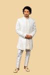 Silk Off White Indowestern With Pearl Hand Work & Swarovski Work