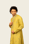 Silk Kurta Set With Mirror Work Neck Line & Butti Neon Green Colored