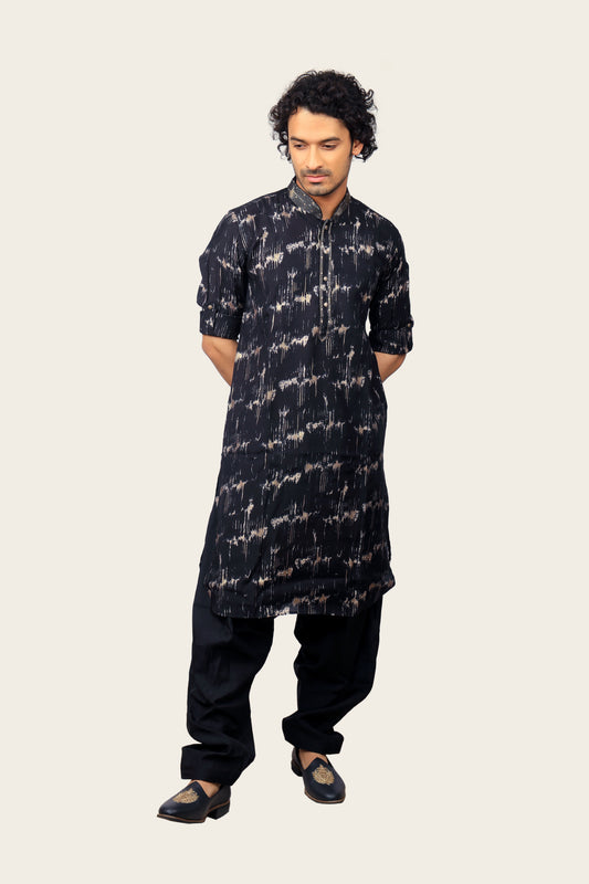 Silk Printed Kurta Set Black Color