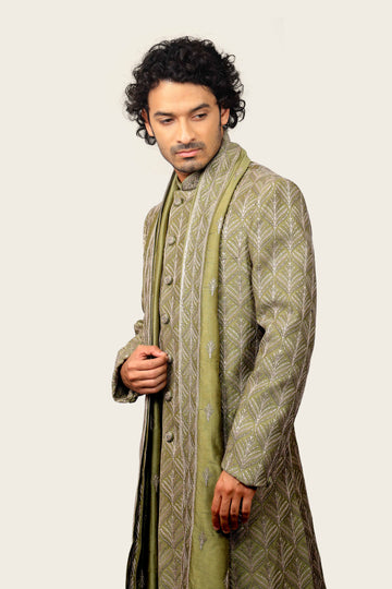 Silk Sherwani With Aari Machine Work Pista Green Color