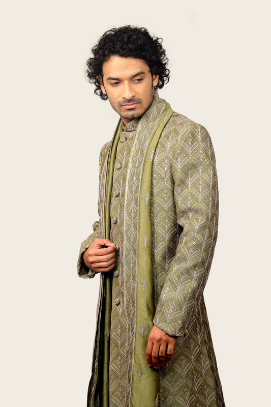 Silk Sherwani With Aari Machine Work Pista Green Color