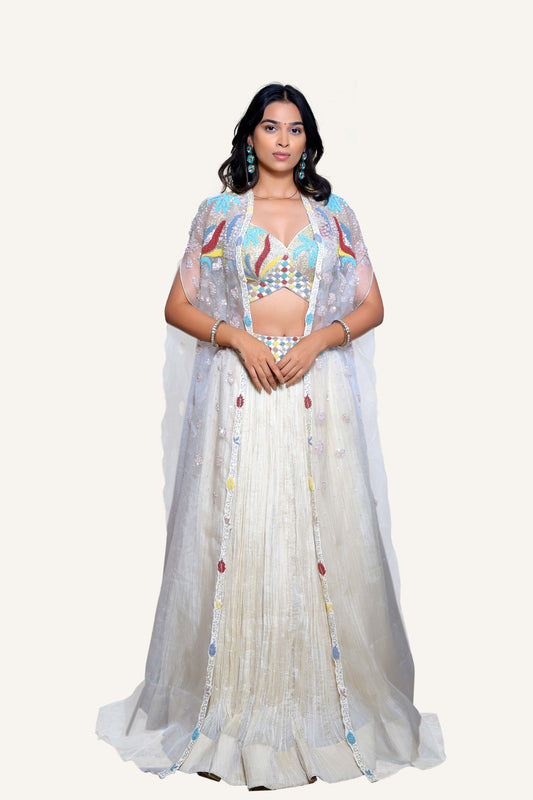 Off White with Multicolor Perl Handwork Women Indowestern