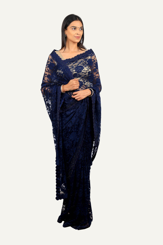 Navy Blue Chantilly Lace Swarovski Work Saree