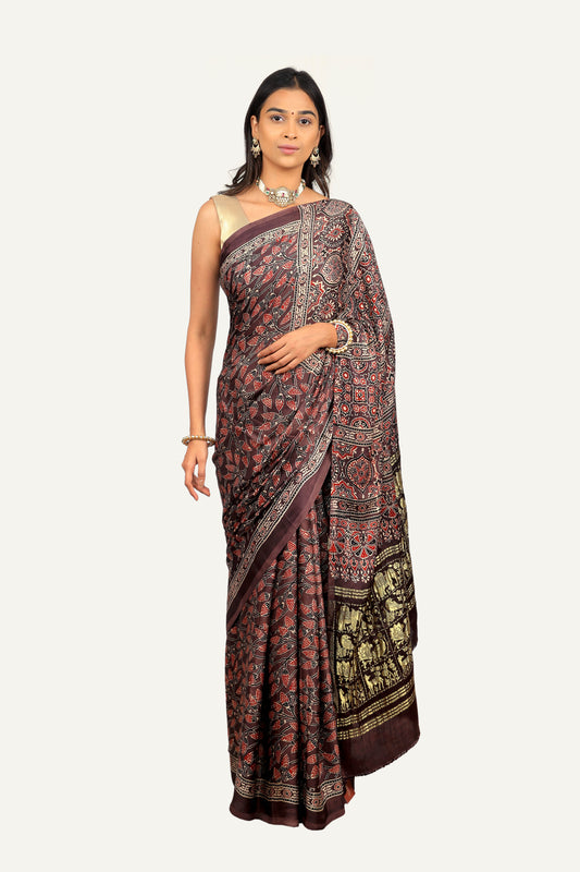 Modal Silk Ajrakh Print Saree With Heavy Zari Work Pallu