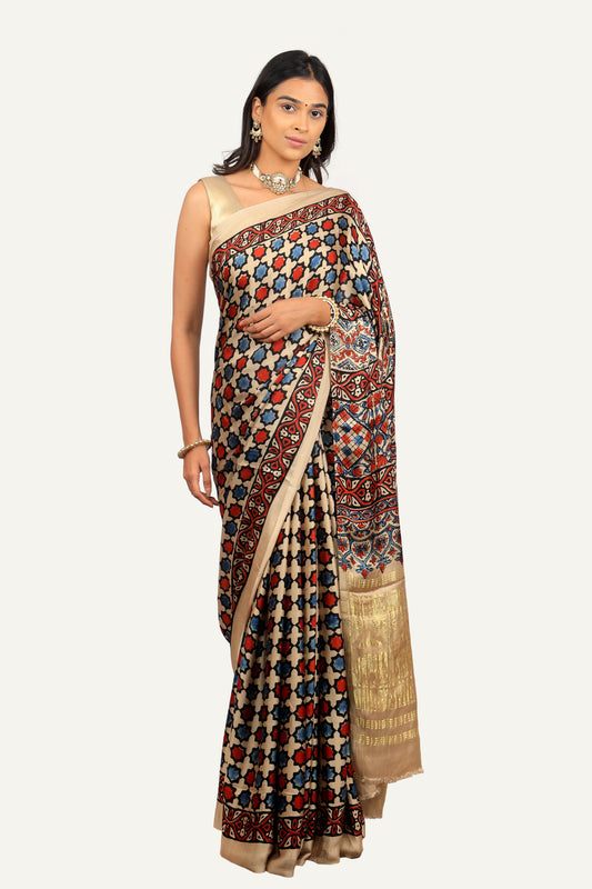 Modal Silk Ajrakh Print Saree with Baluchari Pallu