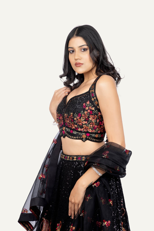 Georgette Sequence & Multicolor Resham Work Lehengha Choli Set