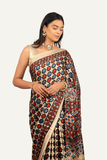 Modal Silk Ajrakh Print Saree with Baluchari Pallu