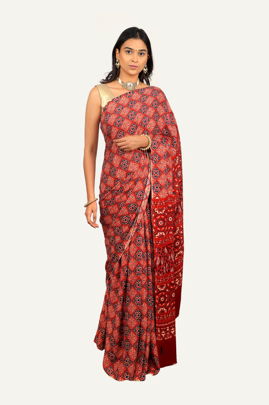 Modal Silk Ajrakh Print Saree with Different Print Pallu