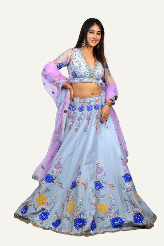Raw Silk Patch & Resham Work Lehenga Choli