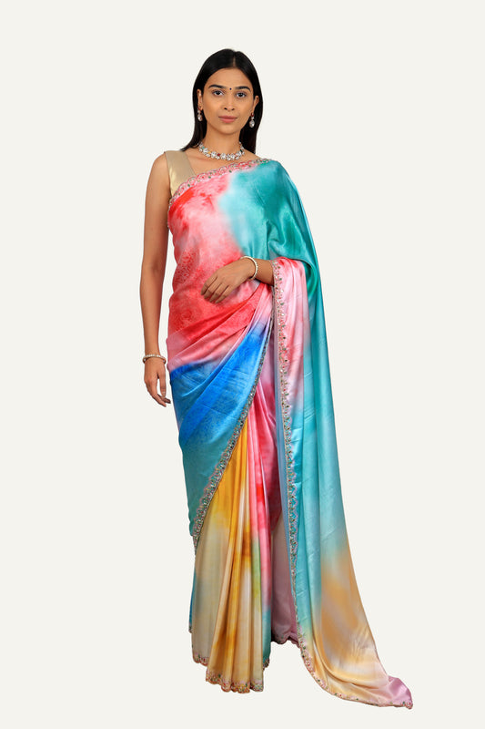 Multi Satin Silk Tie-Dye Handwork Border Saree