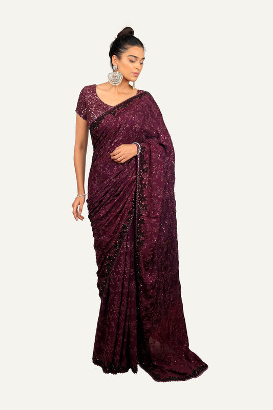 Wine Crepe Sequence With Resham Work Saree