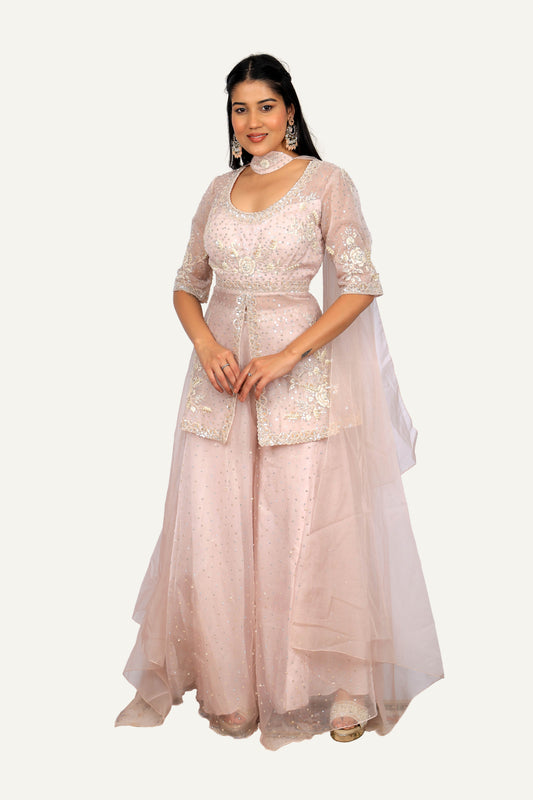 Pink Organza Peplum Handwork Top & Flared Plazo with Choker Duppatta