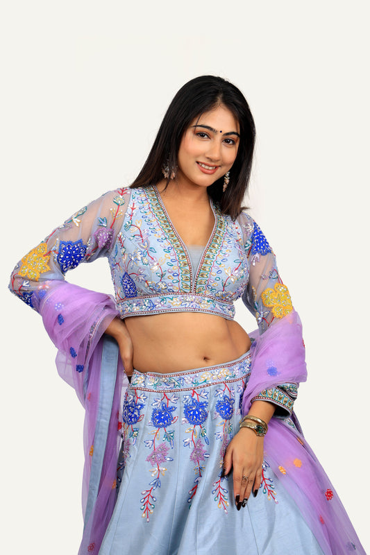 Raw Silk Patch & Resham Work Lehenga Choli