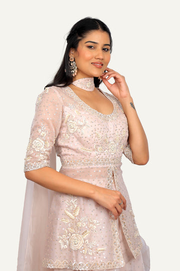 Pink Organza Peplum Handwork Top & Flared Plazo with Choker Duppatta