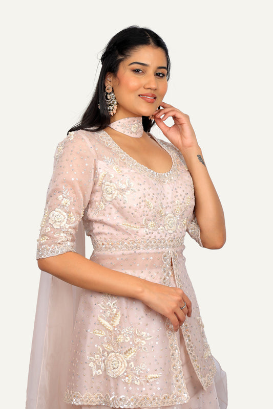 Pink Organza Peplum Handwork Top & Flared Plazo with Choker Duppatta