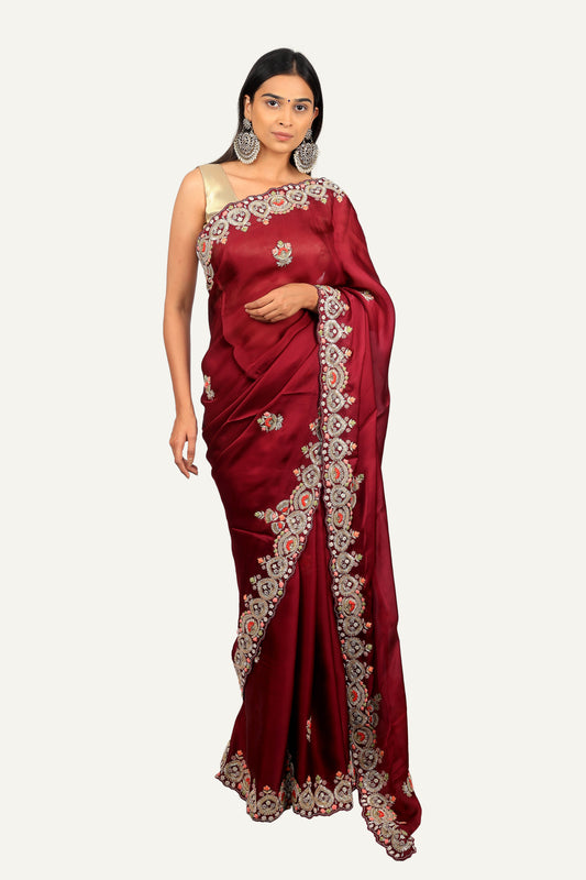 Wine Soft Organza Hand Work Border & Butti Saree