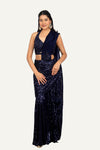 Navy Blue Sequence Fabric Fully Hand Work Blouse In Indo Western Saree