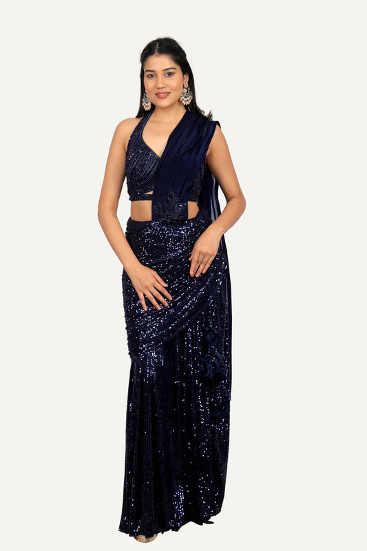 Navy Blue Sequence Fabric Fully Hand Work Blouse In Indo Western Saree