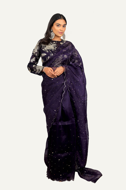 Organza Purple Saree With Ready Blouse