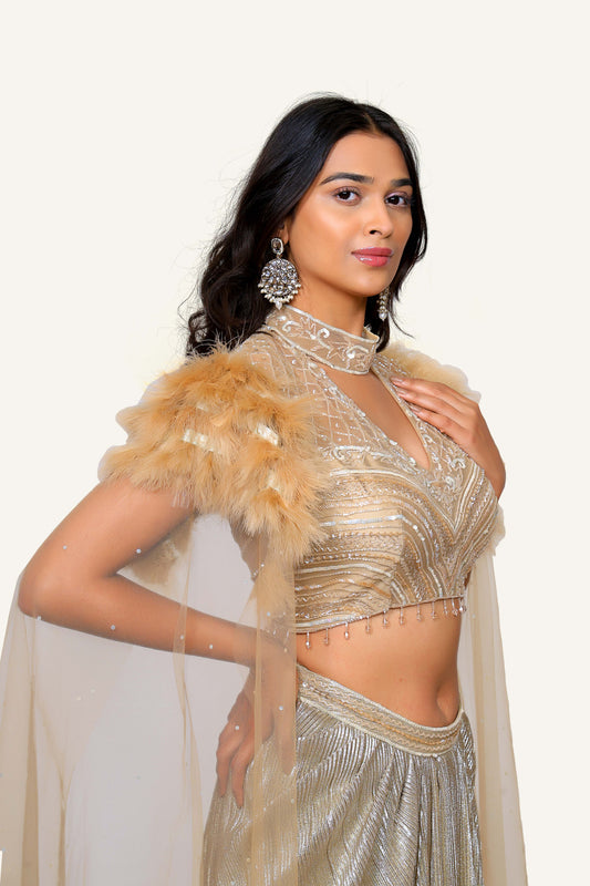 Gold Indowestern in Dhoti Style with Hand Embroidery