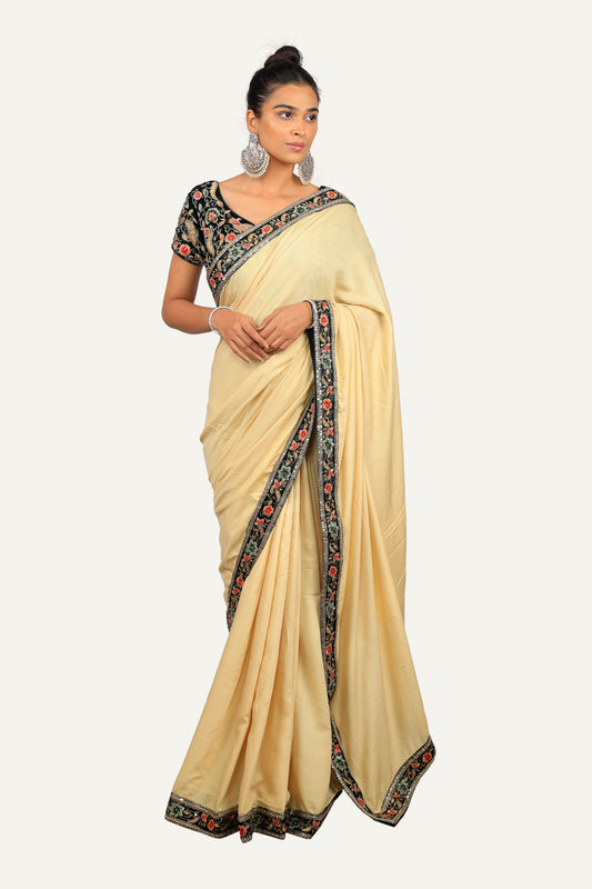 Silk Velvet Border Saree with Ready Blouse