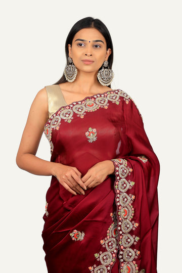 Wine Soft Organza Hand Work Border & Butti Saree