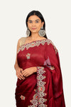 Wine Soft Organza Hand Work Border & Butti Saree