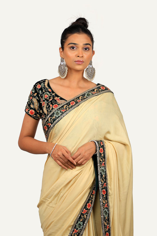 Silk Velvet Border Saree with Ready Blouse