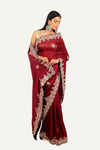 Wine Soft Organza Hand Work Border & Butti Saree