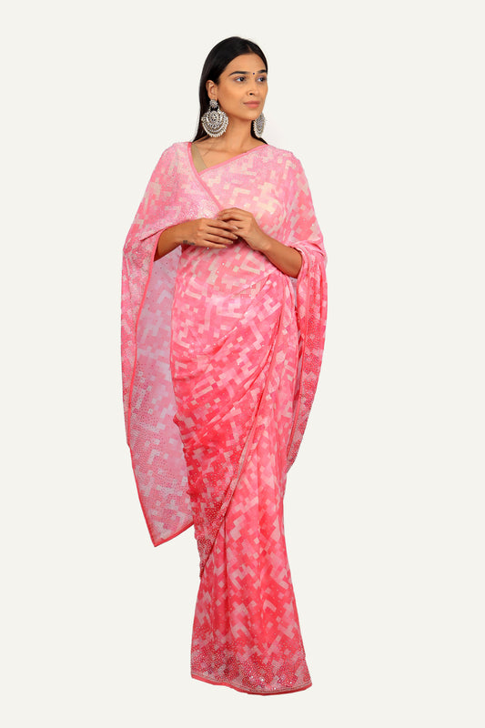 Pink Georgette Printed Swarovski & Tikki Work Saree