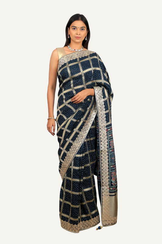Navy Blue Munga Silk Bandhni Gotta Patti Handwork Saree