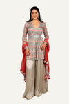Multicolor Printed Peplum Silk Top & Crush Silk Plazo with Georgette Dupatta
