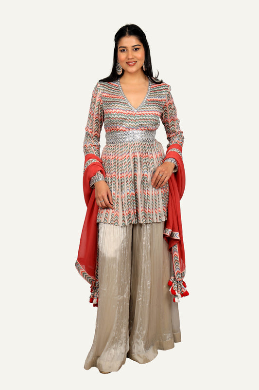 Multicolor Printed Peplum Silk Top & Crush Silk Plazo with Georgette Dupatta