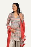 Multicolor Printed Peplum Silk Top & Crush Silk Plazo with Georgette Dupatta