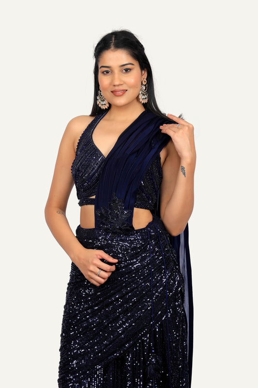 Navy Blue Sequence Fabric Fully Hand Work Blouse In Indo Western Saree