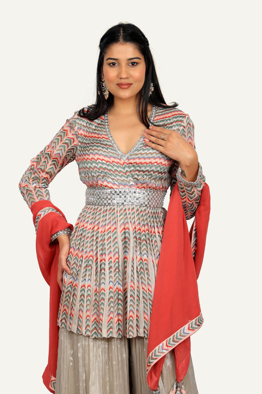 Multicolor Printed Peplum Silk Top & Crush Silk Plazo with Georgette Dupatta