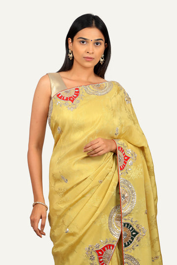 Yellow Tissue Silk Saree with Hand Work Border