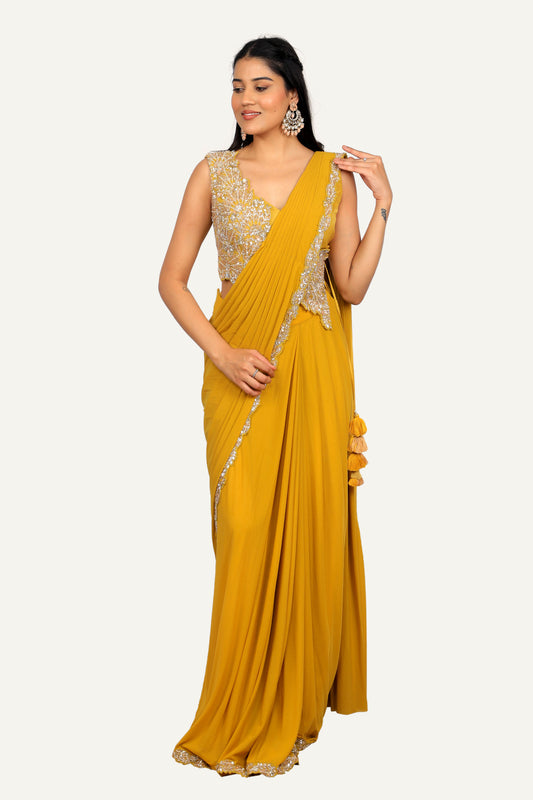 Mustard Yellow Imp Fabric & Fancy Cutwork Blouse With Ready To Wear Saree