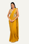 Mustard Yellow Imp Fabric & Fancy Cutwork Blouse With Ready To Wear Saree