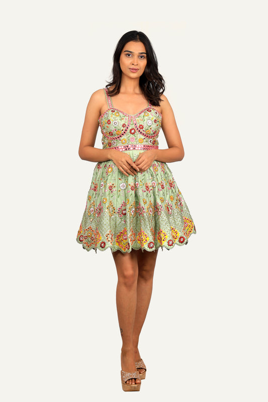 Pista Green All Over Embroidery With Handwork On Rawsilk Designer Mini One Piece
